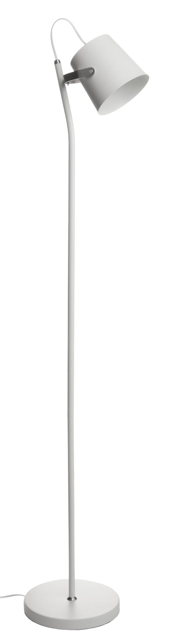 Valkoinen metallinen lattiavalaisin jossa on yksi valopiste