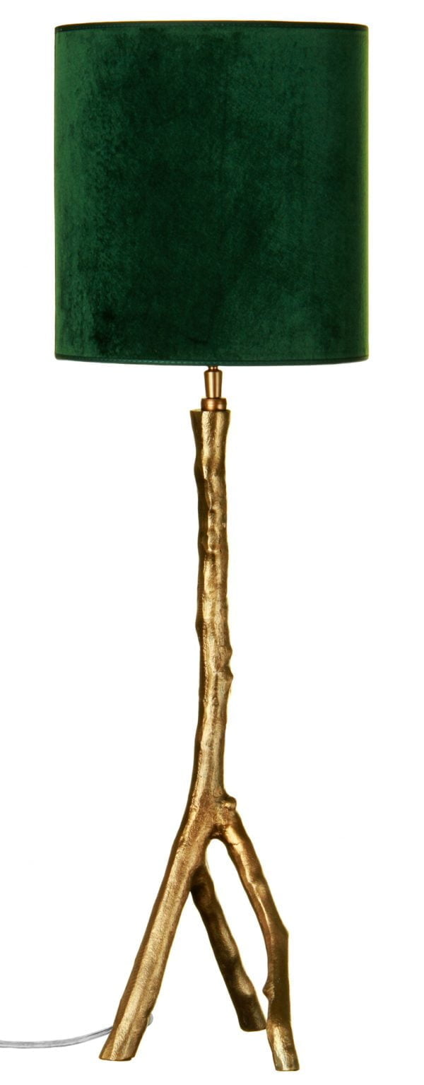 Metallinen oksaa muistuttava lampunjalka jonka väri on kulta. Sylinterin muotoinen varjostin on vihreä.