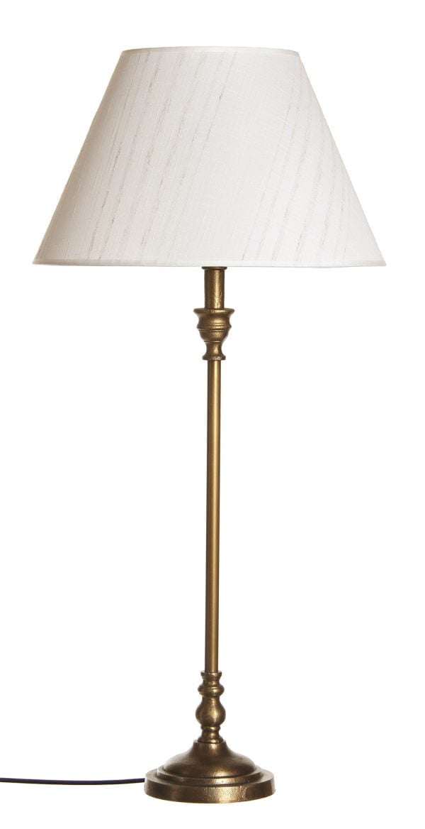 Metallinen lampunjalka jonka väri on antiikki messinki Varjostimessa on vaalea kuviointi.