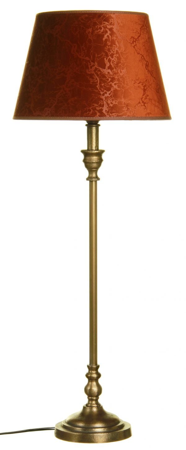 Metallinen lampunjalka jonka väri on antiikki messinki Varjostimen väri on terrakotta.