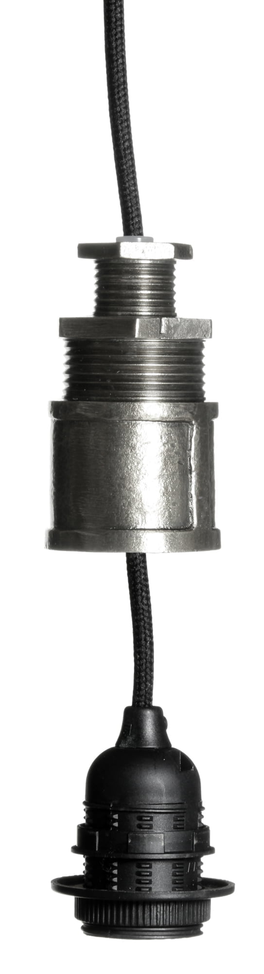 Teräksen värinen lampunkanta, jossa on musta, kangaspäällysteinen johto sekä ulosvedettävä sähköosa.
