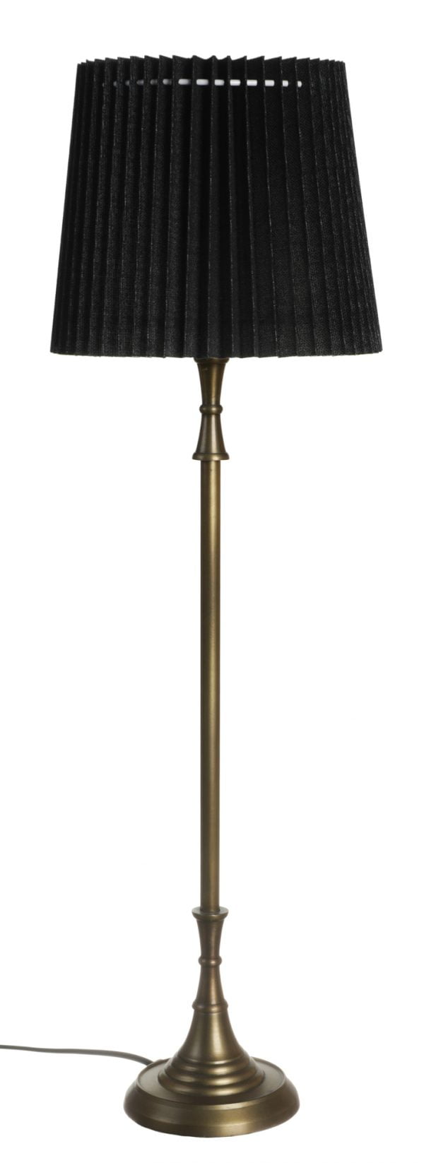 Metallinen lampunjalka jonka väri on antiikki messinki. Vekattu varjostin on väriltään musta.