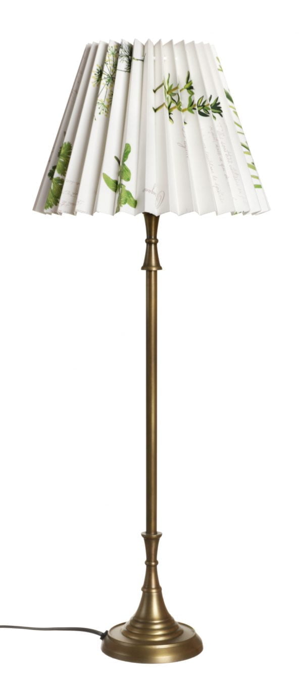 Metallinen lampunjalka jonka väri on antiikki messinki. Vekkivarjostimessa on kasvikuvio.