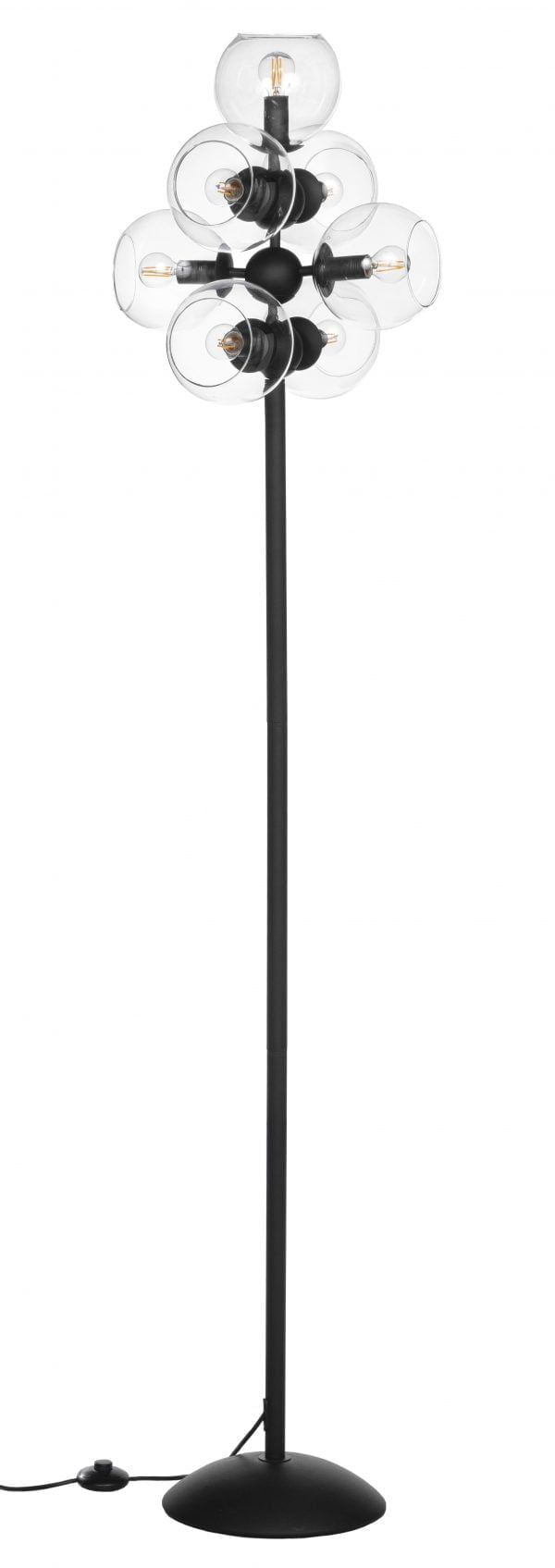Jimena-L7 on metallinen, musta lattiavalaisin. Jalkalamppu on väriltään musta ja siinä on seitsemän valopistettä joiden ympärillä on kirkas lasikupu.