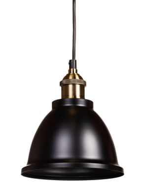 Musta metallinen riippuvalaisin, jonka lampunkanta on antikmessingin värinen.