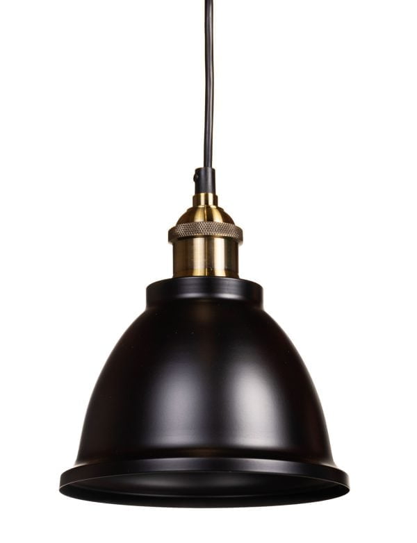 Musta metallinen riippuvalaisin, jonka lampunkanta on antikmessingin värinen.