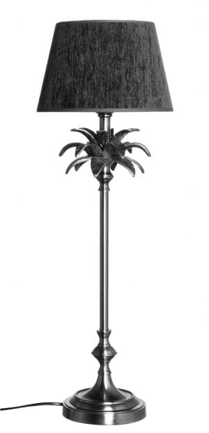 Palmun muotoinen metallinen lampunjalka jonka väri on teräs. Varjostin on väriltään musta.