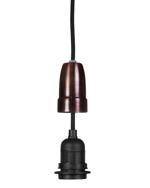 Tumman kuparin värinen valaisinjohtosarja jonka lampunkannan suoja on nostettu ylös.