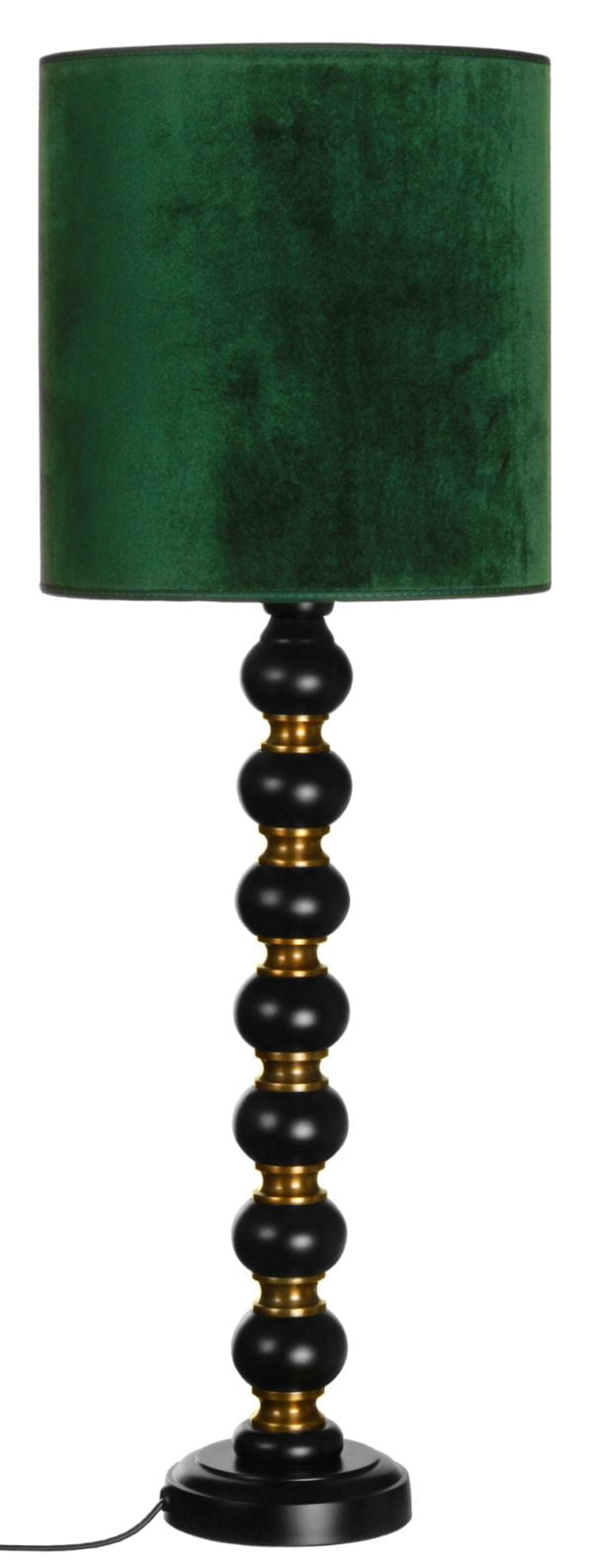 Metallinen lampunjalka jonka pääväri on musta. Jalan toinen väri on antiikki messinki. Sylinterin mallinen varjostin on vihreä.