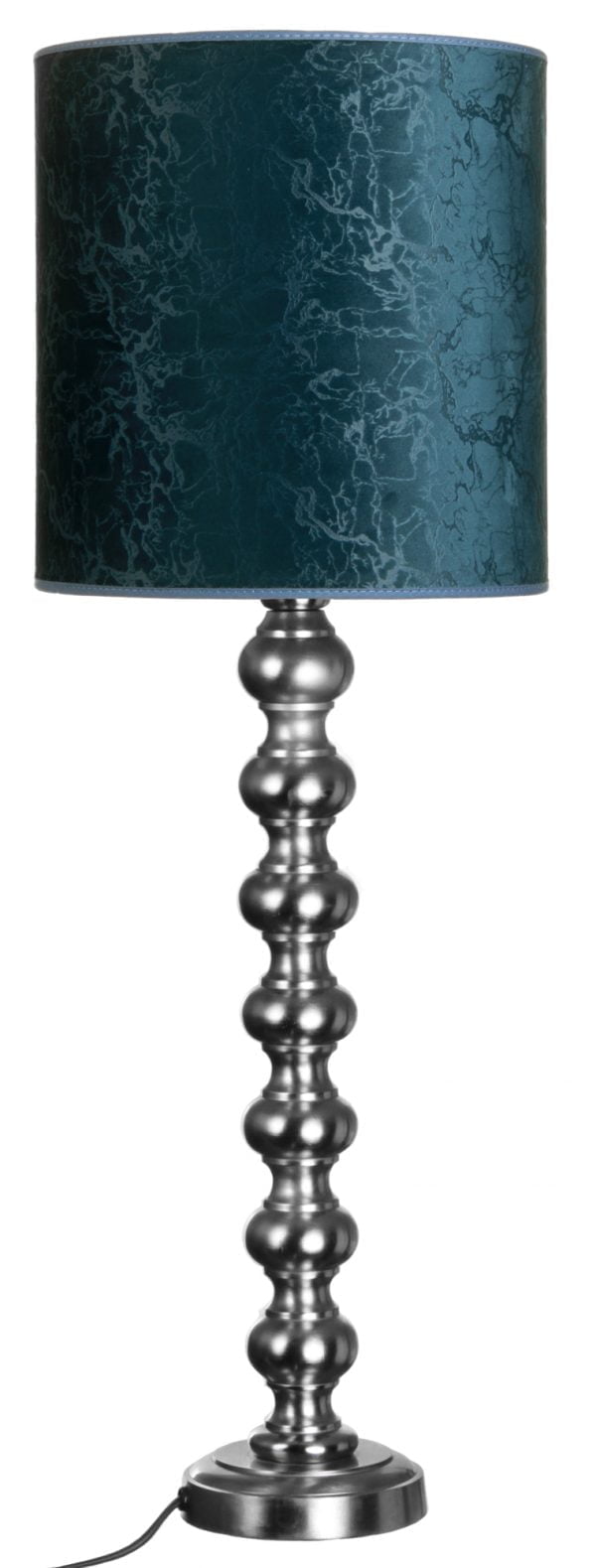 Metallinen lampunjalka jonka väri on teräs. Sylinterinmuotoinen varjostin on väriltään sininen.