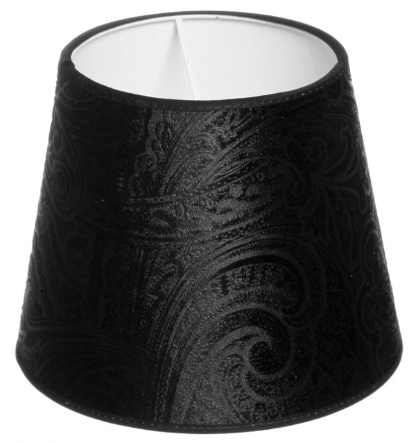 Kuvioitu lampunvarjostin jonka väri on musta. Varjostin on materiaaliltaan laminoitua kangasta.