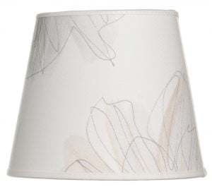 Lampunvarjostin jossa on valkoisella pohjalla harmaa kukka kuvio. Varjostin on materiaaliltaan laminoitua kangasta.