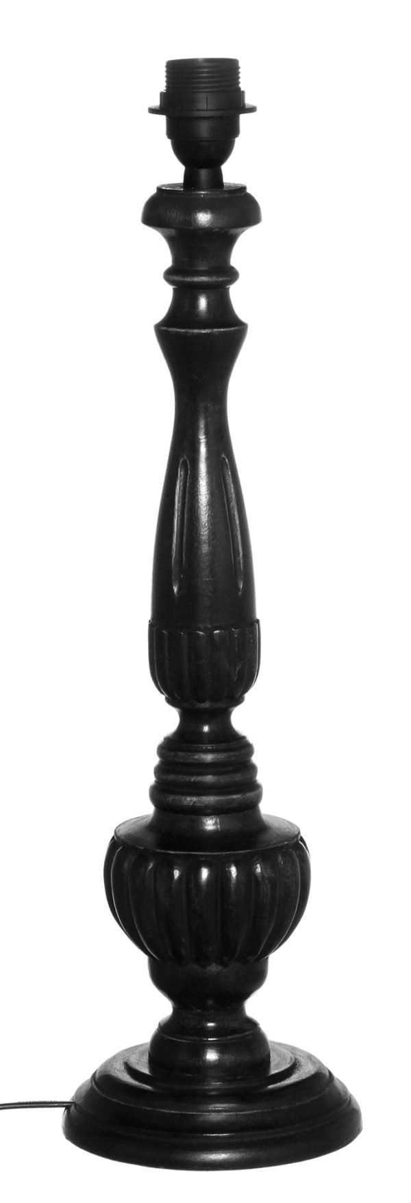 Puinen lampunjalka jonka väri on musta.