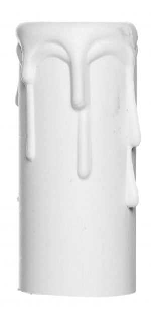 Valkoinen, muovista valmistettu kynttiläholkki, joka muistuttaa muodoltaan kynttilää, josta valuu steariinia. Kuvattu yläviistosta, valkoinen sisäosa näkyy.