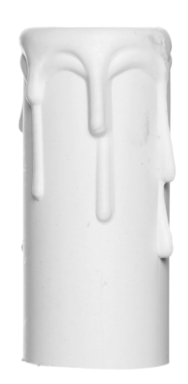 Valkoinen, muovista valmistettu kynttiläholkki, joka muistuttaa muodoltaan kynttilää, josta valuu steariinia. Kuvattu yläviistosta, valkoinen sisäosa näkyy.