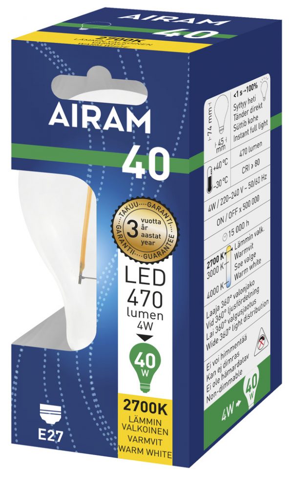 Airam E27 LED filamentti -vakiolamppu, 470 lm, pakkaus