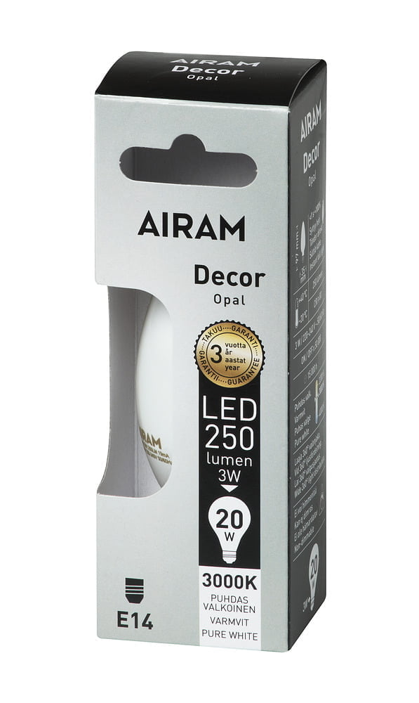 Airam E14 LED filamentti, matta kynttilälamppu, pakkaus