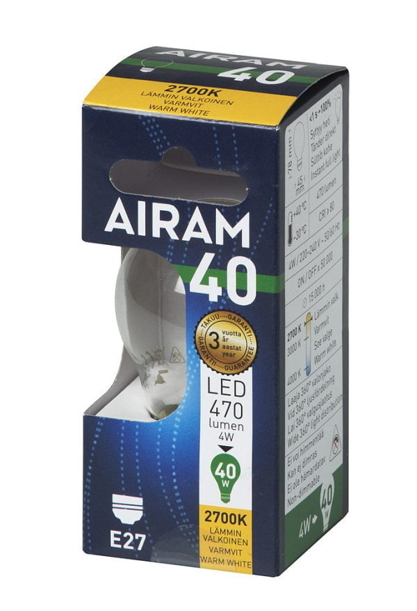Airam E27 LED filamentti, pallolamppu, 4W, pakkaus