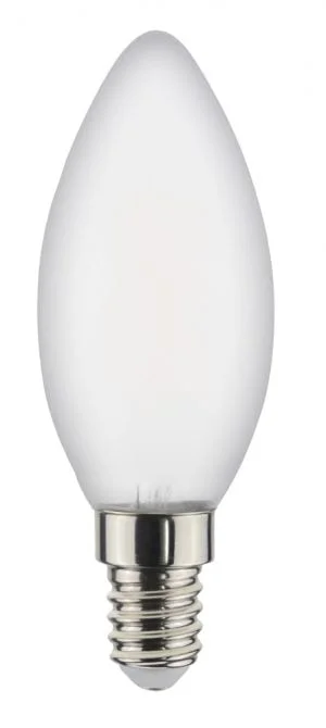 Valkoisella taustalla valokuva kynttilämallisesta polttimosta, jossa on valkoinen kupu ja teräksen väriset kierteet.
