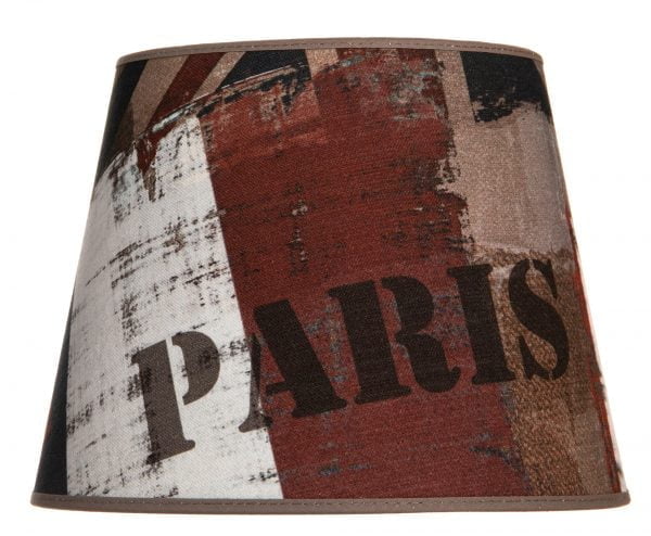 Big City-25 Paris on ruskea lampunvarjostin, joka levenee ylhäältä alaspäin. Kankaassa on kolme pystyraitaa sekä teksti PARIS.