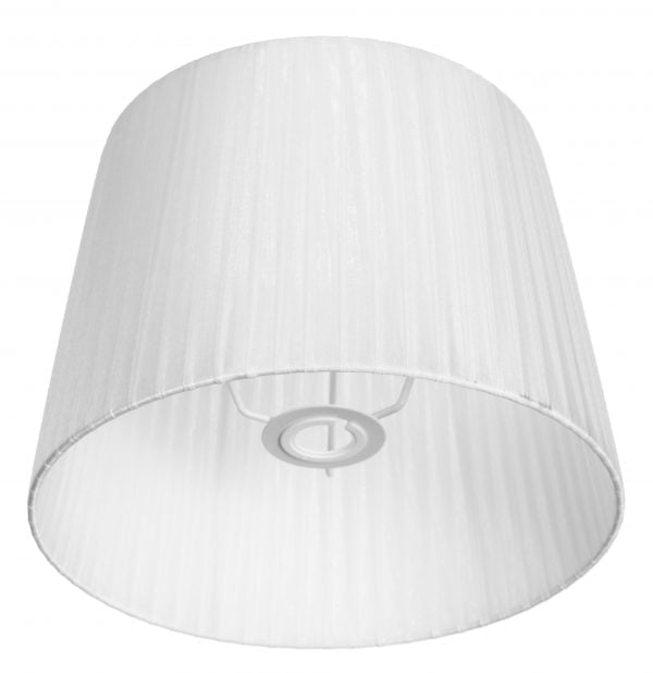 Yksivärinen lampunvarjostin jonka väri on valkoinen. Varjostin on materiaaliltaan organzaa.