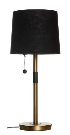 Stockholm-P antikmessinki on metallinen pöytävalaisin. Pöytälamppu on väriltään antiikki messinki. Musta varjostin on laminoitua kangasta.