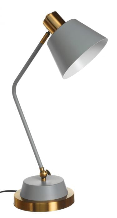 Metallinen pöytävalaisin. Pöytälamppu on väriltään harmaa ja sen tehostevärinä on antiikki kulta. Varjostin on sisäpuolelta valkoinen.