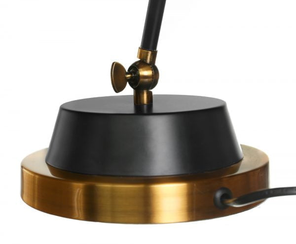 Metallinen pöytävalaisin. Pöytälamppu on väriltään musta ja sen tehostevärinä on antiikki kulta.