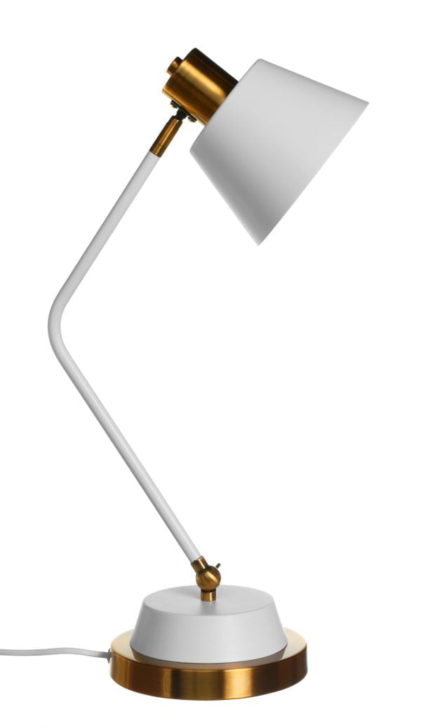 Metallinen pöytävalaisin. Pöytälamppu on väriltään valkoinen ja sen tehostevärinä on antiikki kulta.