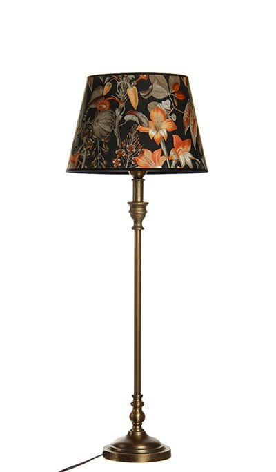 Metallinen lampunjalka jonka väri on antiikki messinki Varjostimessa on oranssi kukkakuvio.