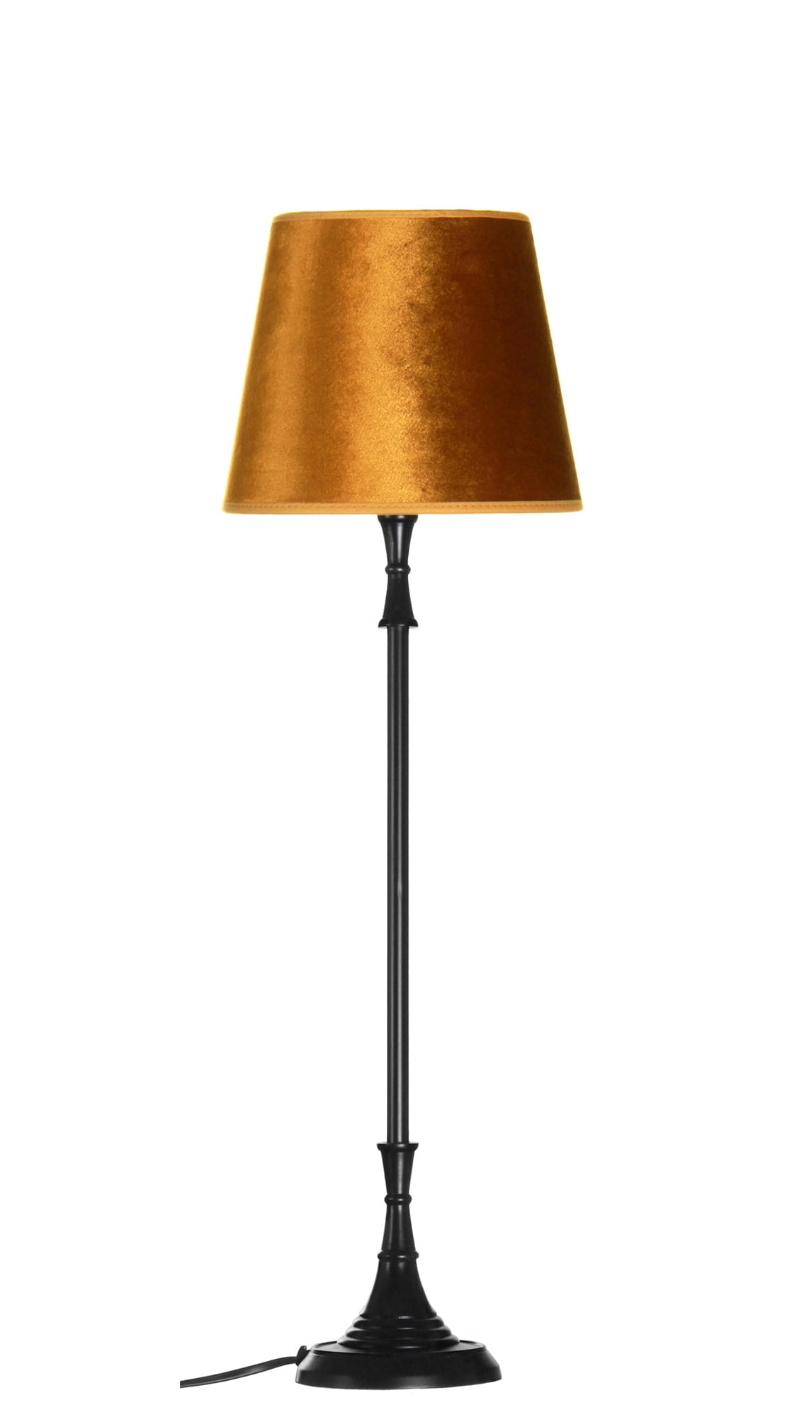 Metallinen lampunjalka jonka väri on musta. Varjostimen väri on kulta.