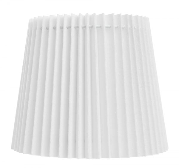 Yksivärinen lampunvarjostin jonka väri on valkoinen. Varjostin on materiaaliltaan laminoitua kangasta ja se on vekattu.