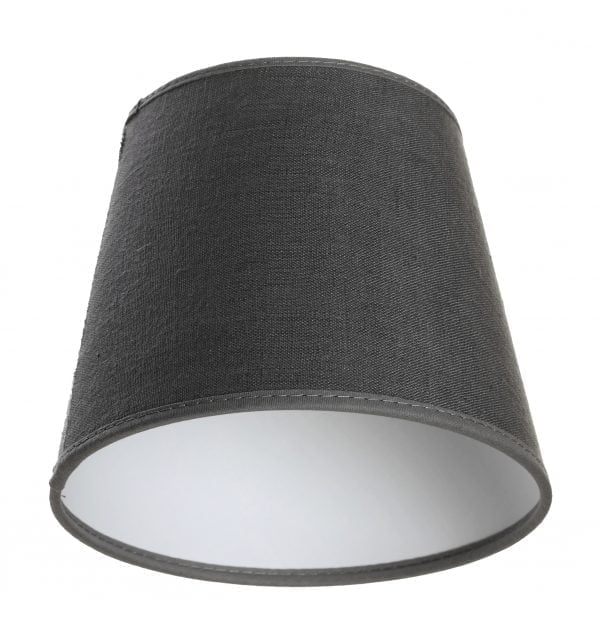 Yksivärinen lampunvarjostin jonka väri on harmaa. Varjostin on materiaaliltaan laminoitua kangasta.