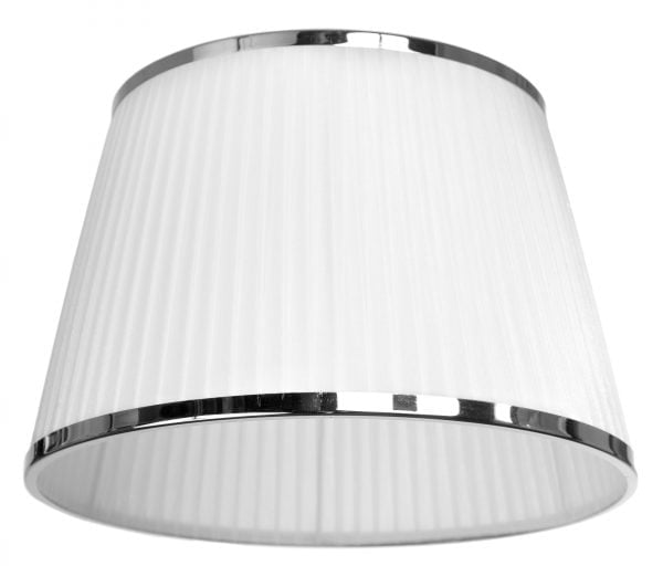 Yksivärinen lampunvarjostin jonka väri on valkoinen. Varjostin on materiaaliltaan organzaa. Kromikoriste molemmissa reunoissa.