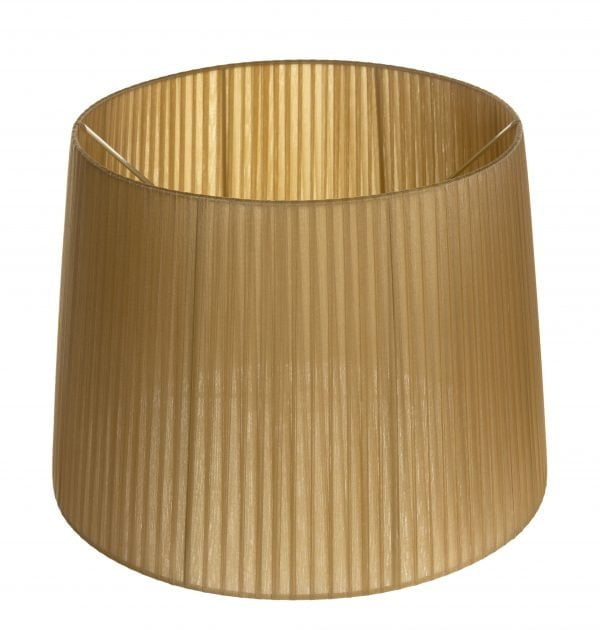 Yksivärinen lampunvarjostin jonka väri on matta kulta. Varjostin on tehty organza nauhasta.
