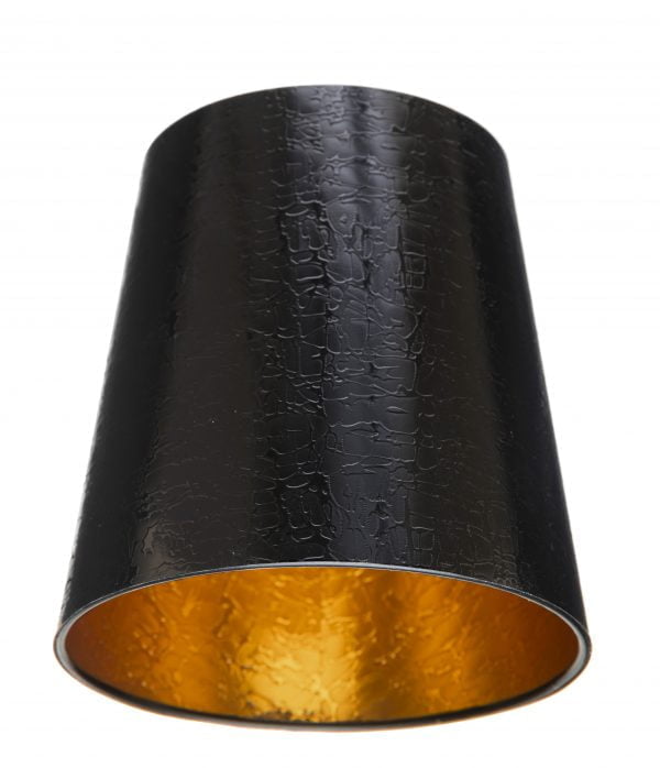 Yksivärinen lampunvarjostin jonka väri on musta. Varjostin on pinnaltaan röpelöinen. Sisäpuolen väri on kulta.