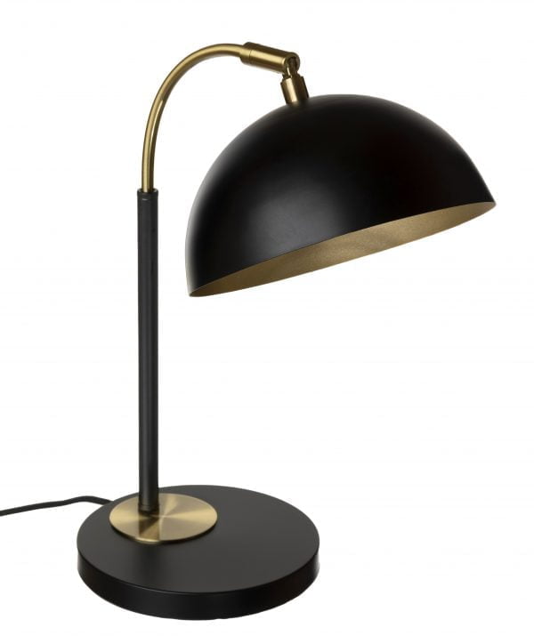 Metallinen pöytävalaisin. Pöytälamppu on väriltään musta ja sen tehostevärinä on antiikki kulta. Varjostimen sisäpuolen väri on kulta.