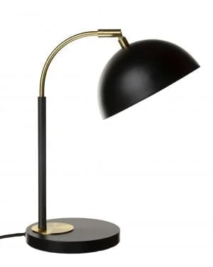 Metallinen pöytävalaisin. Pöytälamppu on väriltään musta ja sen tehostevärinä on antiikki kulta. Varjostimen sisäpuolen väri on kulta.