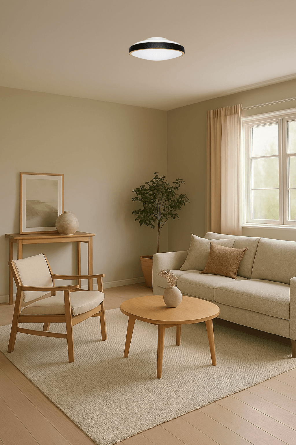 Frida 30 LED-plafondi asennettuna modernin olohuoneen kattoon